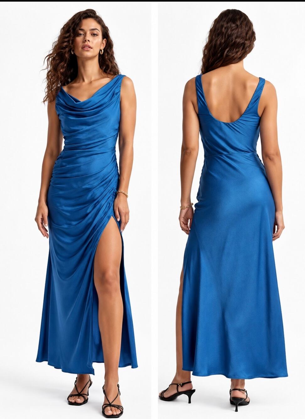 Abercrombie & Fitch Cowl Neck Draped Maxi Dress Blue Satin NWT size Medium